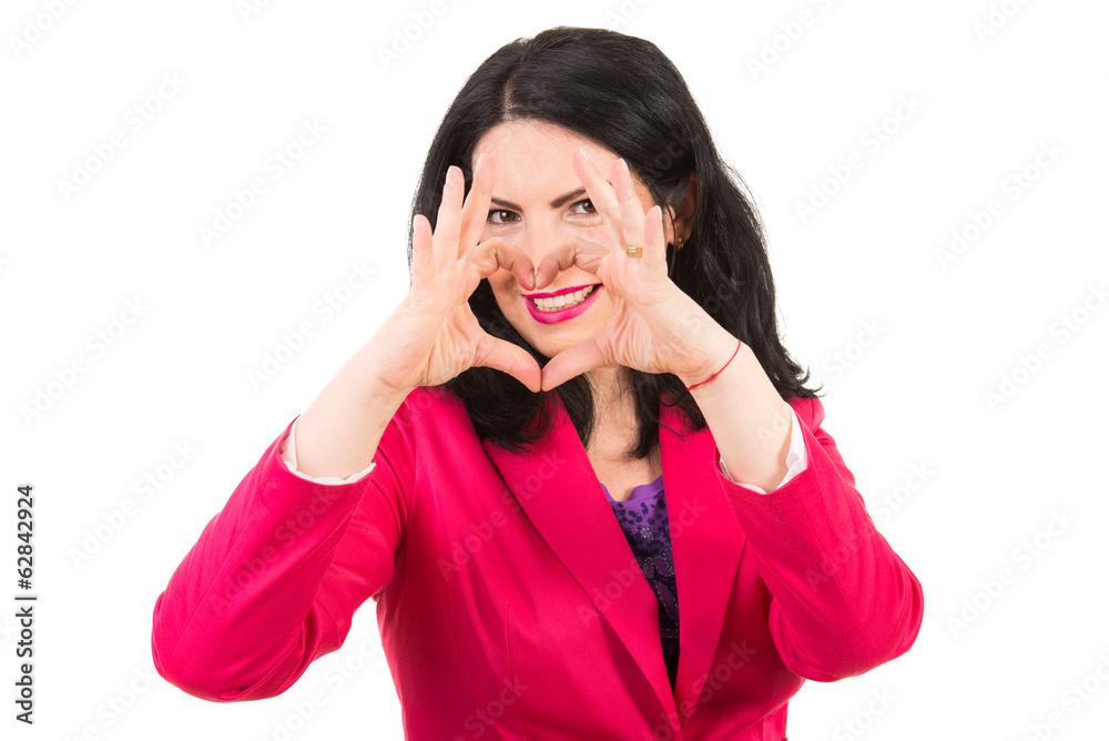 Woman heart shape in front of smile Woman heart shape in front of smile
