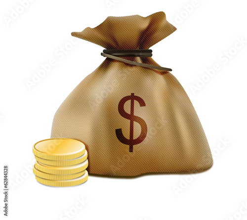 Money sack and stacked coins realistic icon