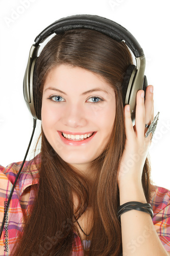 a portrait of smiling girl is in headsets