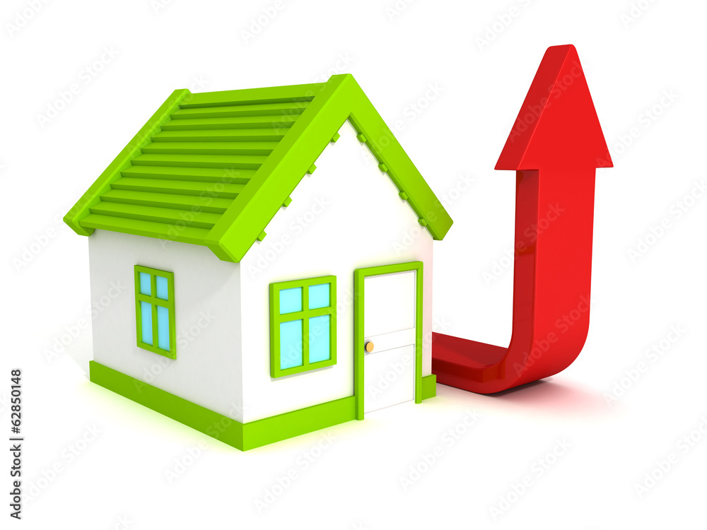 house with red growing arrow, real estate price rising concept house with red growing arrow, real estate price rising concept