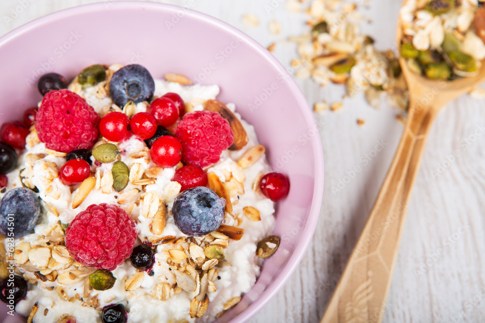 Fresh yoghurt with home made cereals and muesli, fresh raspberry Fresh yoghurt with home made cereals and muesli, fresh raspberry