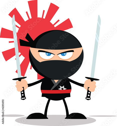 Angry Ninja Warrior Character With Two Katana.Flat Design