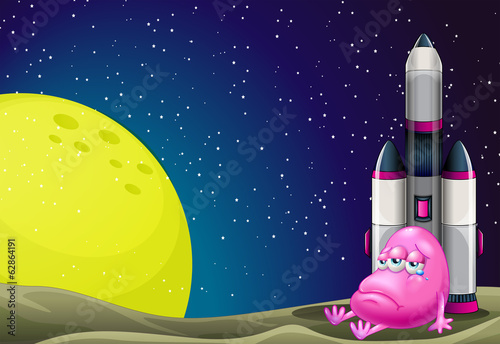A sad monster beside the rocket in the outerspace