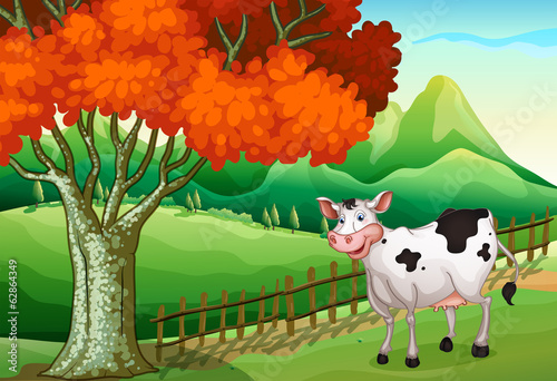 A smiling cow near the big tree