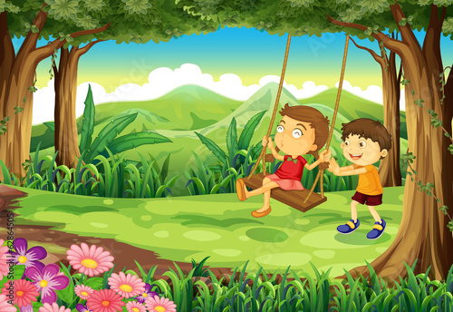 A girl and a boy playing at the jungle