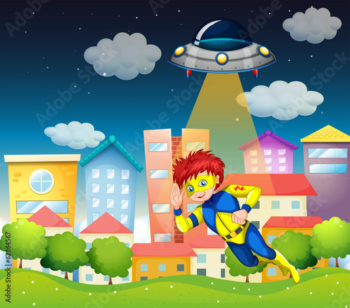 A superhero and a saucer near the buildings