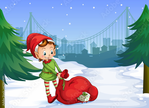 An elf with a red sack full of gifts