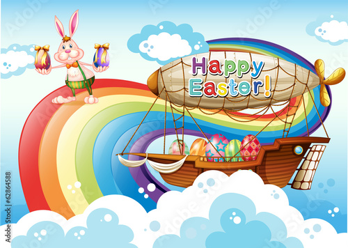 A happy Easter template with eggs and a bunny near the rainbow