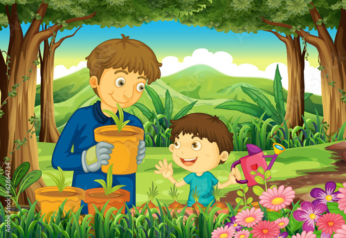 A father and a son at the forest watering the plants