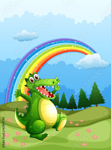 A crocodile walking and a rainbow in the sky