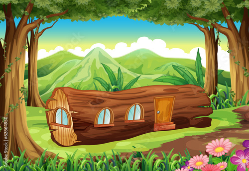 A forest with a log house