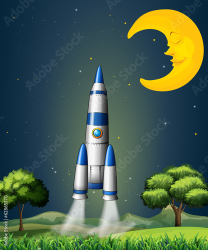 A rocket going to the sky with a sleeping moon