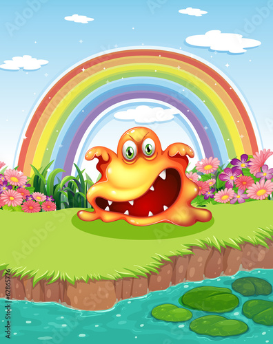 A scary monster at the pond and a rainbow in the sky