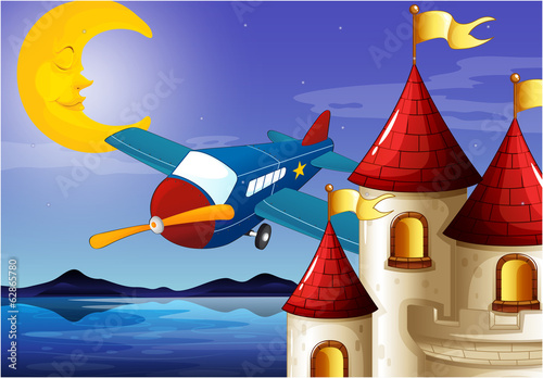 A sleeping moon, an airplane and a castle