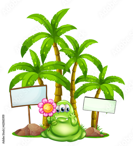 A monster with a flower standing in the middle of the empty sign