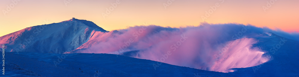 Panorama of the mountain range in winter