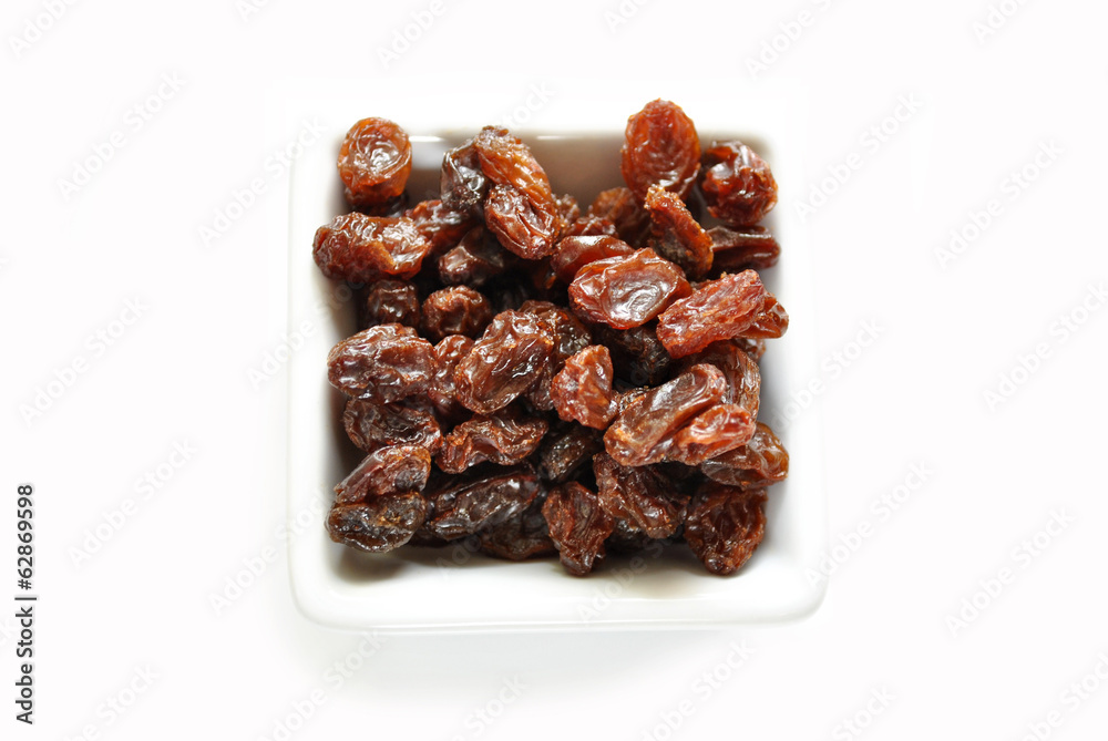 Raisins in a Square White Bowl