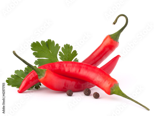 Hot red chili or chilli pepper and parsley leaves still life