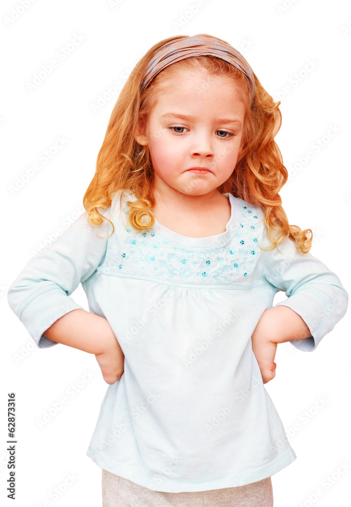 Unhappy little girl on a white background Unhappy little girl on a white background