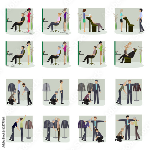 Men At Salon And Tailor - Vector Illustration