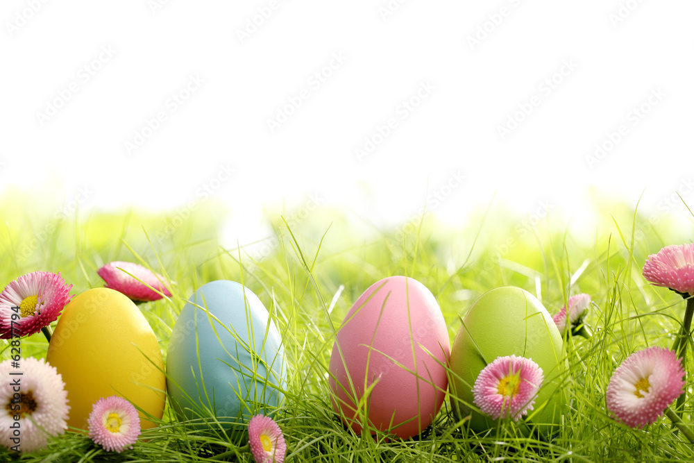 Easter eggs in grass - obrazy, fototapety, plakaty 