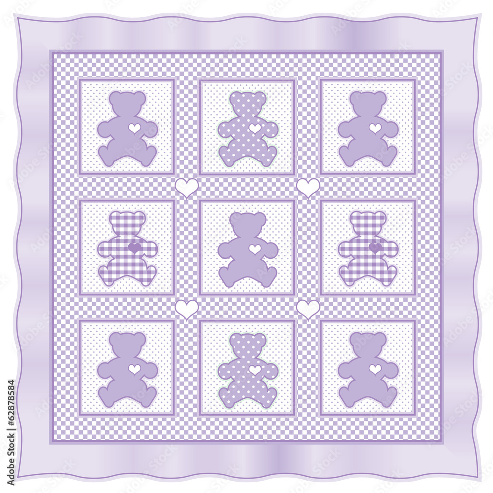 Teddy Bears Baby Quilt, hearts, pastel lavender polka dot, check Teddy Bears Baby Quilt, hearts, pastel lavender polka dot, check