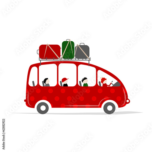 Travel bus with people and luggage on the roof