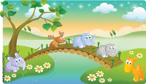 cartoon young animals playing with beautiful scenery