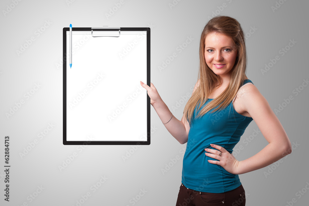 Young girl holding black folder with white sheet copy space