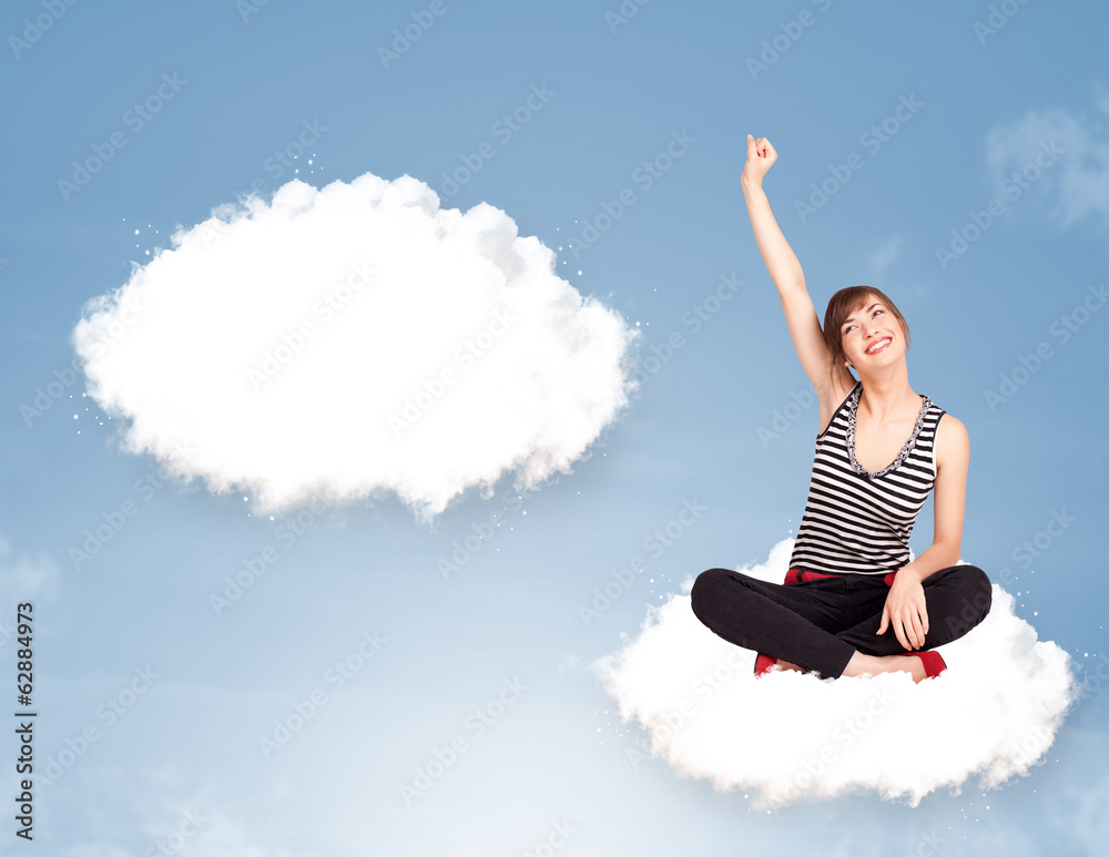 Young girl sitting on cloud and thinking of abstract speech bubb Young girl sitting on cloud and thinking of abstract speech bubb