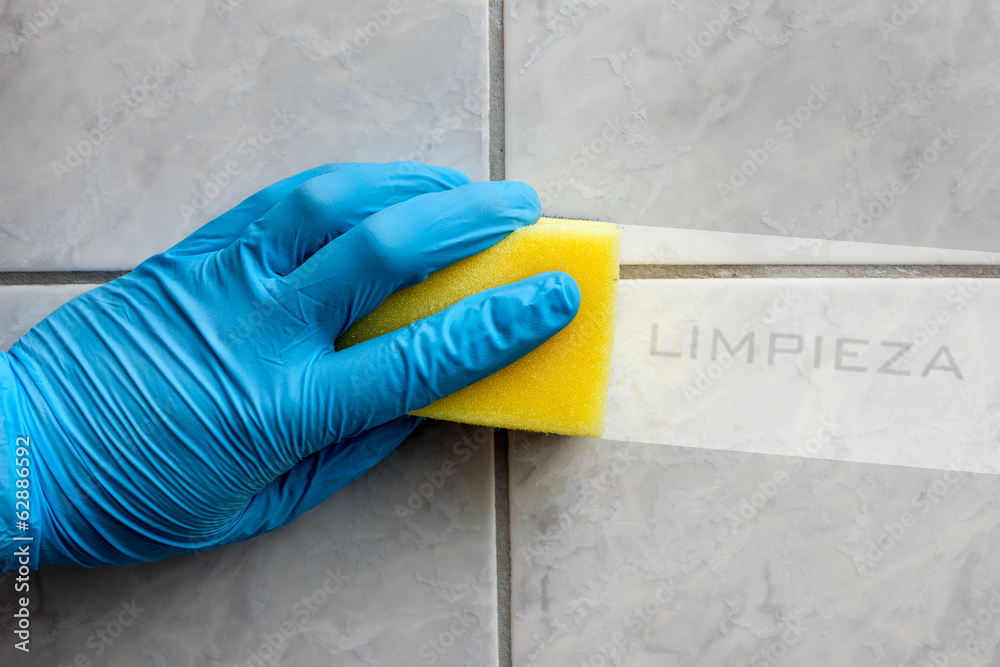 Sponge cleaning bathroom with spanish lettering