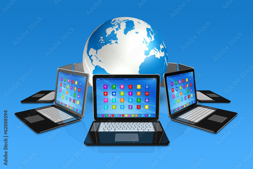 Laptop Computers around World Globe Laptop Computers around World Globe