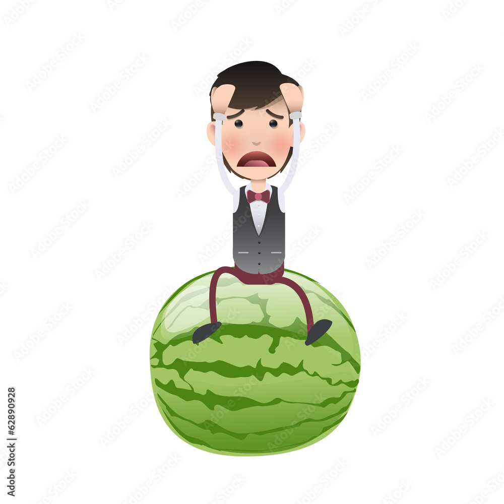 Businessman sitting on watermelon over white background Businessman sitting on watermelon over white background