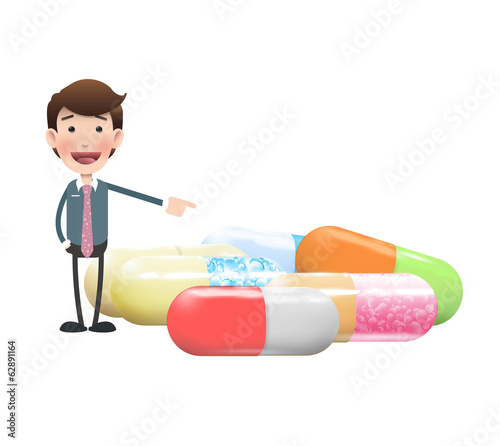 Businessman pointing several pills over white background