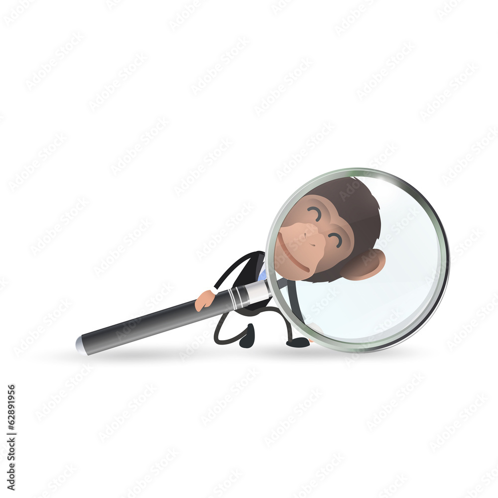 Business monkey with magnifying glass over white background