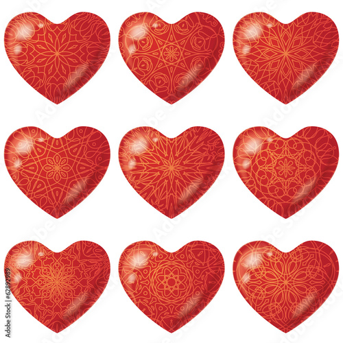 Valentine red hearts with pattern, set