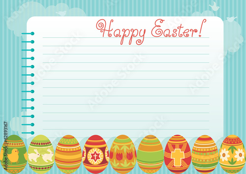 Easter background. Easter eggs and page of  exercise book