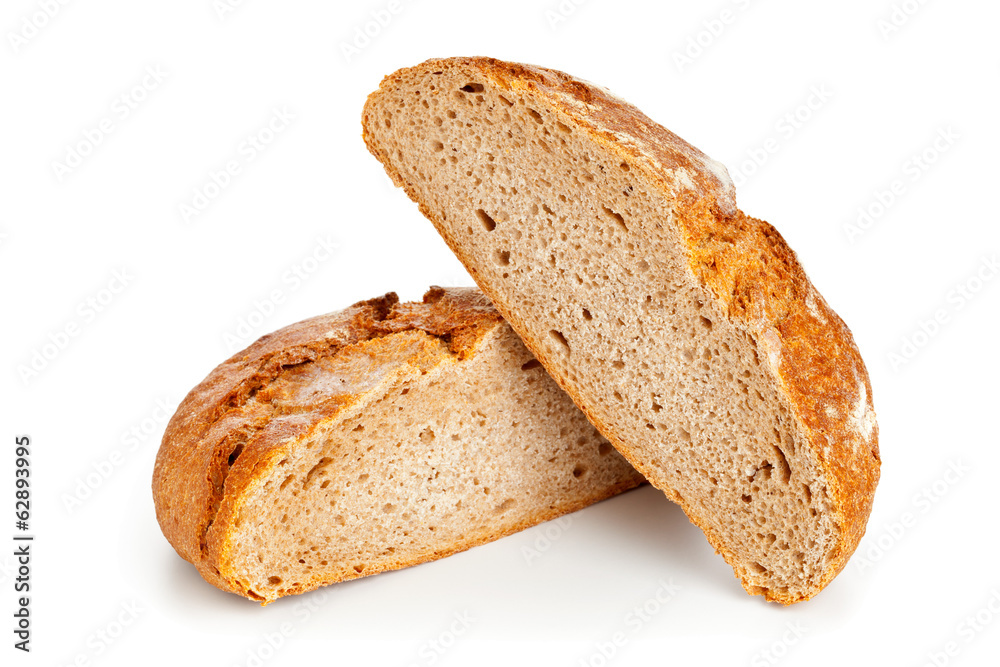 Cut loaf of bread on white