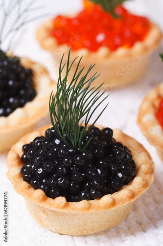 Canapes with red and black fish caviar. macro. vertical