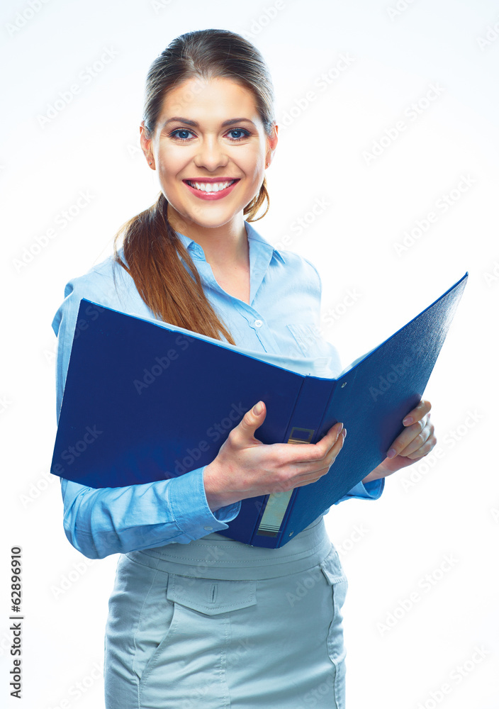 Smiling business woman hold open report folder. Smiling business woman hold open report folder.