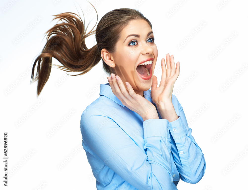 Fototapeta premium Surprising business woman portrait isolated on white