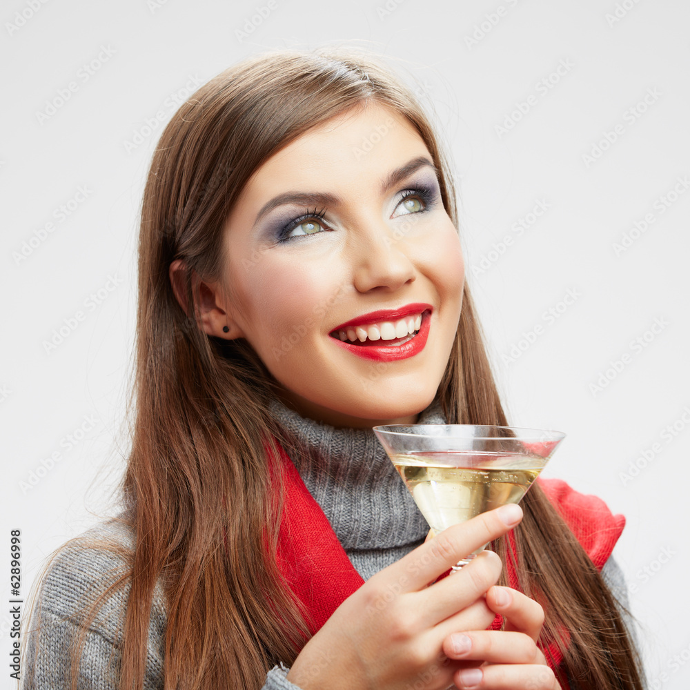 Smiling model with drink in glass isolated on white background Smiling model with drink in glass isolated on white background