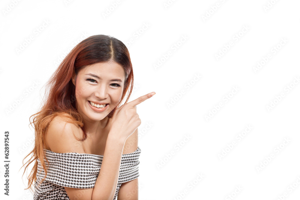 happy, smiling, positive woman pointing at blank space happy, smiling, positive woman pointing at blank space