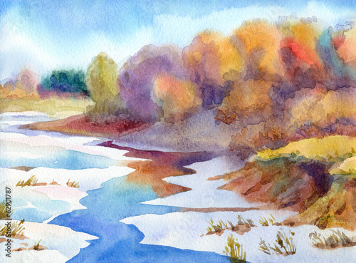 Watercolor landscape. Thaw the river in valley near forest