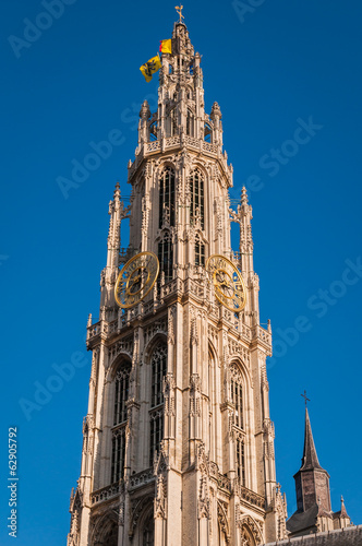Details of asymmetric tower Cathedral Of Our Lady in Antwerp