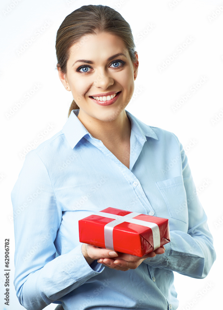 Isolated smiling business woman hold gift box. White background Isolated smiling business woman hold gift box. White background