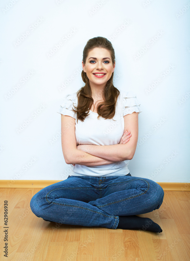 Woman natural portrait,  yoga exercises at home. White backgrou