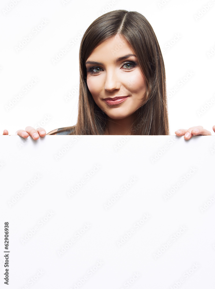 business woman face looks out advertising billboard business woman face looks out advertising billboard