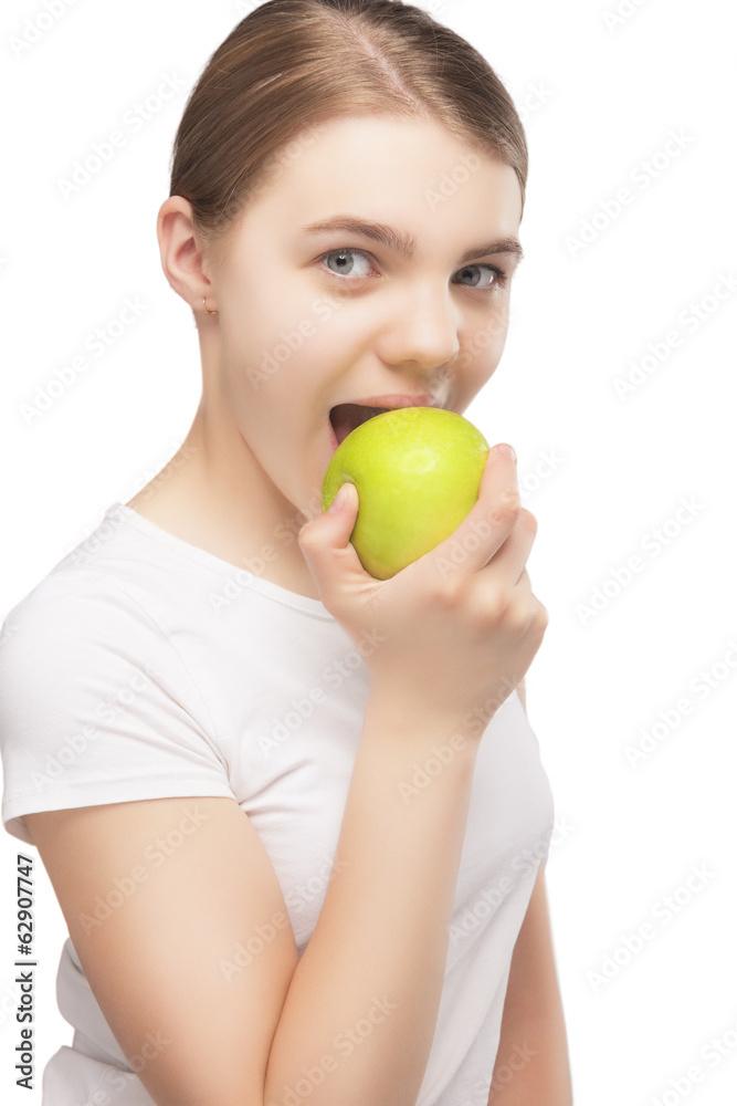 Caucasian Teenager Girl Eating Delicious Green Apple Caucasian Teenager Girl Eating Delicious Green Apple