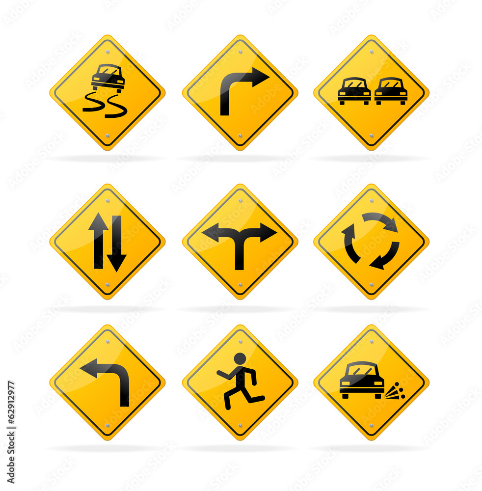 Vector yellow road traffic signs set Vector yellow road traffic signs set